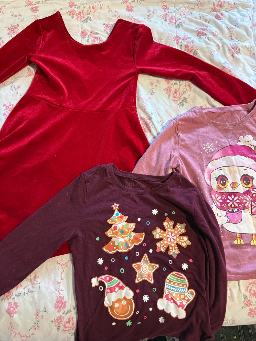 Red Velvet Long Sleeve Dress with Two Holiday Graphic Tops